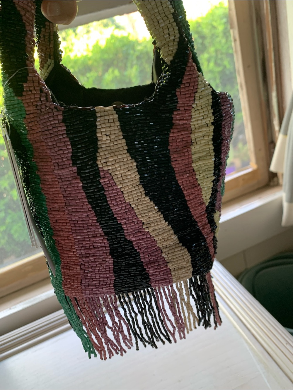 Handcrafted Beaded Mini Tote in Pink, Green & Cream - Picture 2 of 6